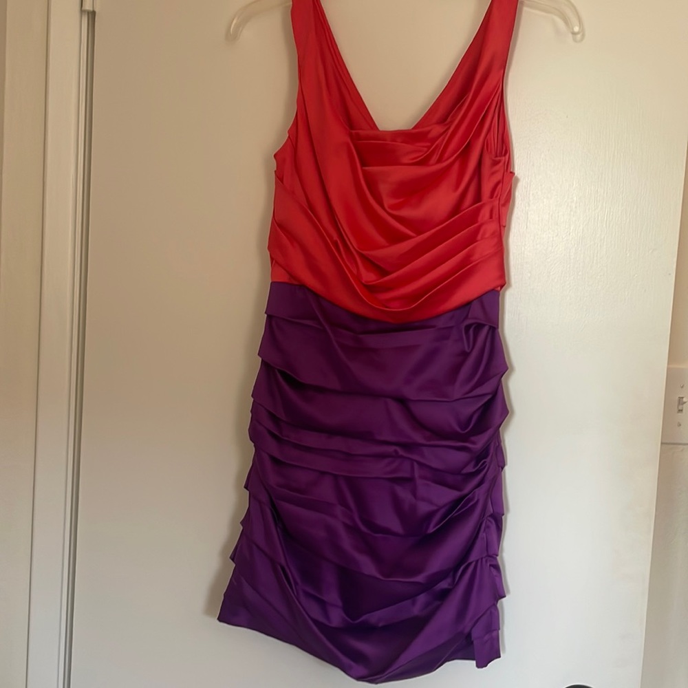 Coral and purple color block cocktail dress